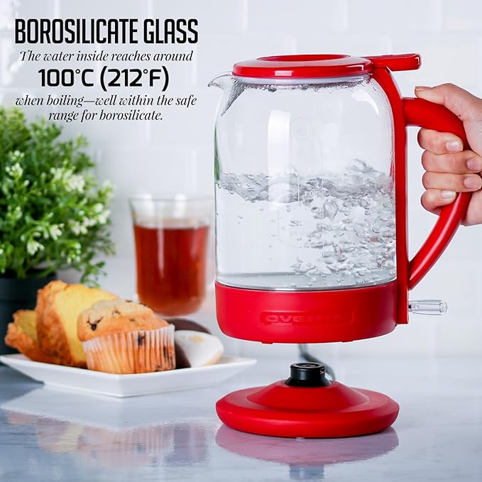 OVENTE Electric Kettle with 1.5L Borosilicate Glass, 1500W Fast Boiling Water Heater for Coffee or Tea, Easy to Fill Lid, Auto Shut-Off, Boil-Dry Protection & Stainless Steel Filter, Red KG516R