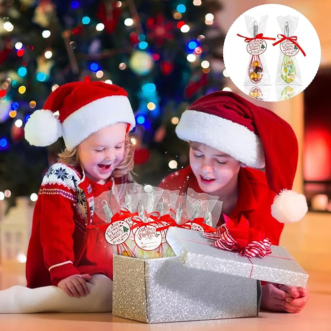 24 Sets 10 Inch Christmas Whisks Gifts DIY Fillable Christmas Tree Ornaments Xmas Colored Silicone Whisks for Cooking Heat Resistant Egg Beaters with Card Rope Bag for Candy Holder