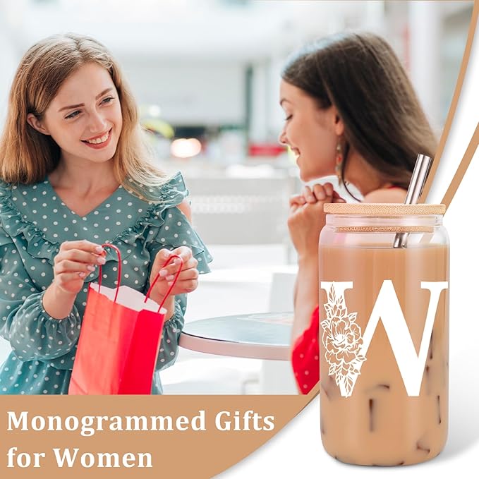 Coolife Initial Glass Cup, Monogrammed Gifts for Women, 16 oz Glass Cups w/Lids Straws, Iced Coffee Smoothie Beer Tumbler w/Straw Lid - Personalized Christmas, Birthday Gifts for Her Mom Friend Woman