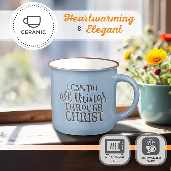 Christian Art Gifts Blue Camp Style Ceramic Coffee Mug – 13 oz. Microwave and Dishwasher Safe Inspirational Scripture Coffee & Tea Mug with Bible Verse: I Can Do All Things Through Christ – Phil. 4:13