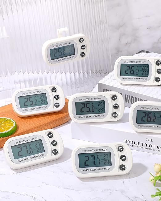 Frienda 12 Pack White Digital Fridge Thermometer Waterproof Refrigerator and Freezer Room Max/min Record Function LCD Screen Refrigerator Thermometer with Hook and Magnetic Back for Home