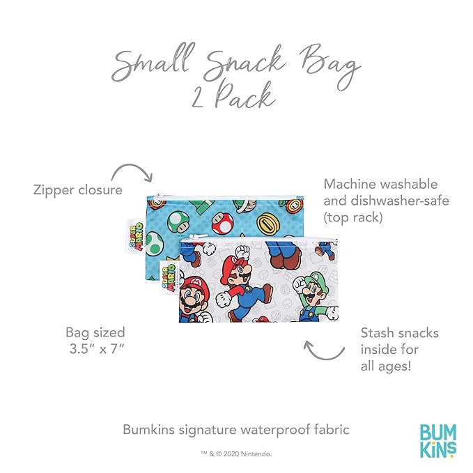 Bumkins Nintendo Reusable Snack Bags, for Kids School Lunch and for Adults Portion, Washable Fabric, Waterproof Cloth Zip Bag, Supplies Travel Pouch, Food-Safe, 2-pk Super Mario