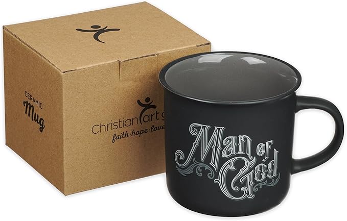 Christian Art Gifts Charcoal Gray Camp-Style Ceramic Coffee Mug – 13 oz. Lead and Cadmium-Free Non-Toxic Inspirational Scripture Coffee and Tea Mug for Men with Bible Verse: Man of God –1 Timothy 6:11