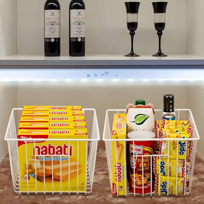 SANNO Freezer Baskests Organizer Bins, Freezer Wire Storage Basket Refrigerator Storage Baskets Bins Organizer with Built-in Handles for Cabinets, Pantry, Closets, Bedrooms - Set of 2 White