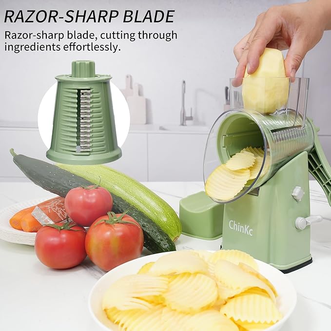Rotary Cheese Grater Shredder - Upgraded 5 in 1 Cheese Grater with Handle and Strong Suction Base, Multi-purpose Julienne Slicer Ice Shaver Nuts Grinder for Ice, Vegetables, Fruit, Nuts