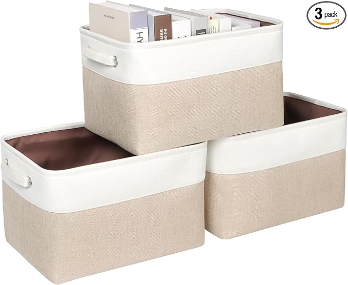 Kntiwiwo Foldable Storage Bin Collapsible Fabric Storage Basket Cube with Durable Handles Closet Organizer Bins for Organizing Shelves Drawers, Set of 3, 15" x 10" x 9.5", Beige