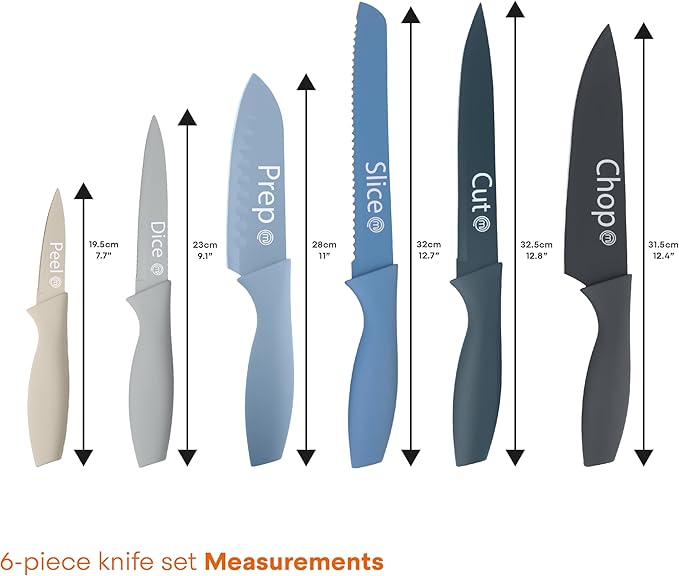 MasterChef Kitchen Knife Set with Covers, 6 Professional Chef Knives for Home Kitchens, Extra Sharp Cutting Stainless Steel Blades & Protective Sheaths, Soft-Touch Easy-Grip Handles, Nordic Blues