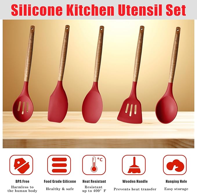 Kitchen Utensils Set, Silicone Cooking Utensils Set,Non-Stick Silicone Spatula Set with Natural Acacia Hard Wood Handle, 5 Piece, Upgraded Thickened Cookware