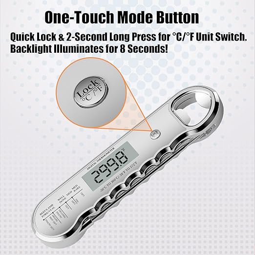 Professional Digital Meat Thermometer with Bottle Opener, Instant Read in 0.5 Sec, ±0.5℉ Accuracy, Premium Plastic Body with Vacuum Electroplating Technology，Waterproof with Auto-Rotate LED Screen