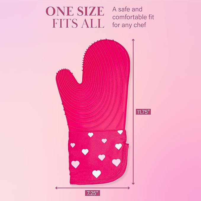 Paris Hilton Oven Mitt Set with Heart Design, Heat Resistant Pot Holders Featuring Non-Slip Textured Silicone Grips, 2-Piece Set, Pink