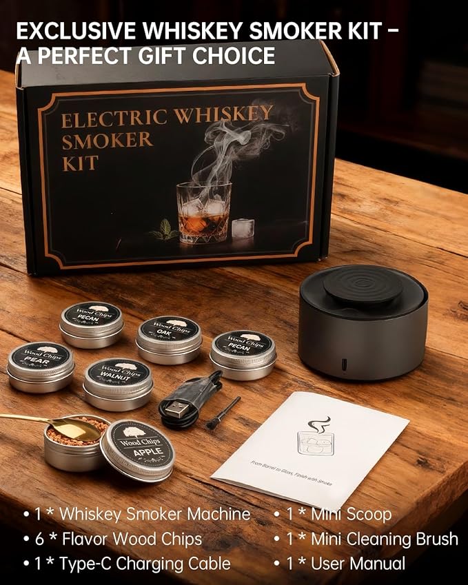 Electric Whiskey Smoker Kit, Rechargeable Bourbon Smoker Kit with 6 Flavors of Natural Wood Chips, Drink Smoker Infuser Kit Cocktail Idea Christmas Birthday Gifts for Men Husband Dad Him