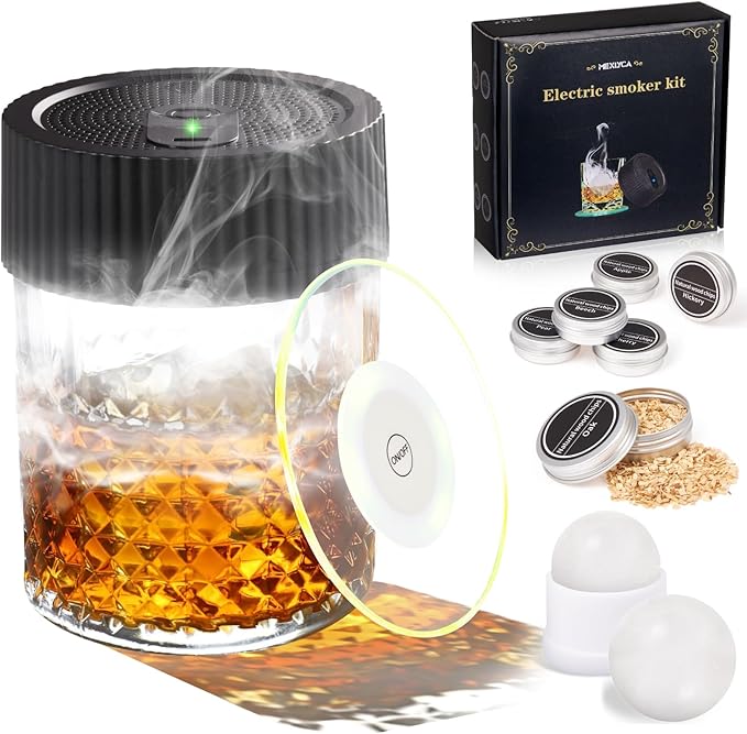 Electric Whiskey Smoker Kit - with 6 Flavors Wood, No Butane Needed Electric Cocktail Smoker Kit, Drink Smoker Kit Gifts for Men/Dad/Husband - with Ice Ball molds and LED Illuminated Coasters