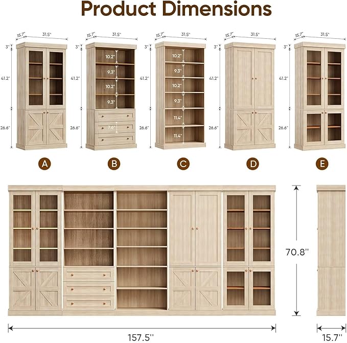 70.8" Tall Farmhouse Bookshelf, Modular Bookcase with Glass Doors, 6-Tier Adjustable Shelves, Large Storage Cabinet for Kitchen, Living Room, Brown, Set of 3