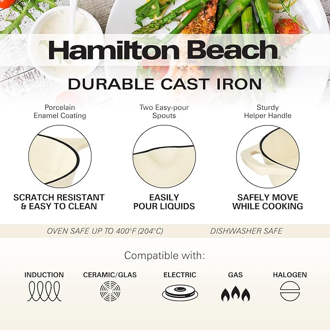 Hamilton Beach Enameled Cast Iron Fry Pan 12-Inch Cream, Cream Enamel Coating, Skillet Pan for Stove Top and Oven