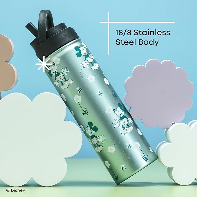 JoyJolt Disney Retro Vintage Stainless Steel Water Bottle ft Mickey Mouse, Reusable 22oz Vacuum Insulated Water Bottle Tumbler with Leak Proof Flip Straw Lid and Handle, Lead & BPA Free