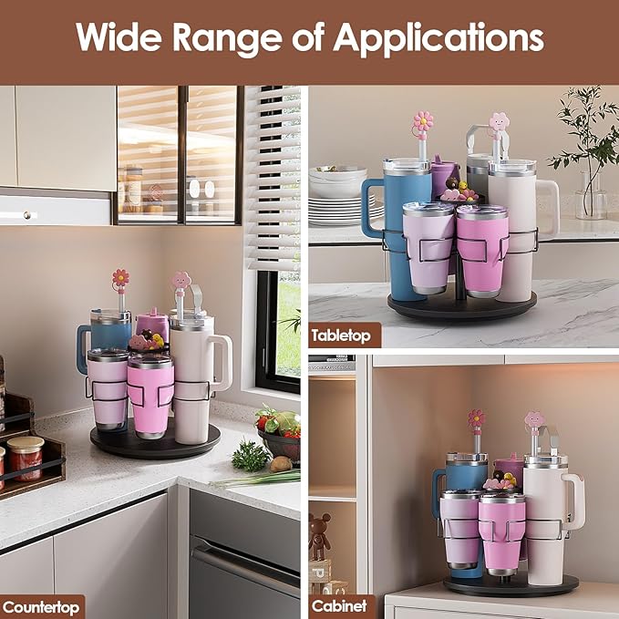 Water Bottle Organizer for 20/30/40oz Stanley & Other Large Tumbler, 6 Slots Stanely Cup Organizer with Straw Sleeve, Cup Bottle Holder for Cabinet Home Countertop Pantry Shelf, Black