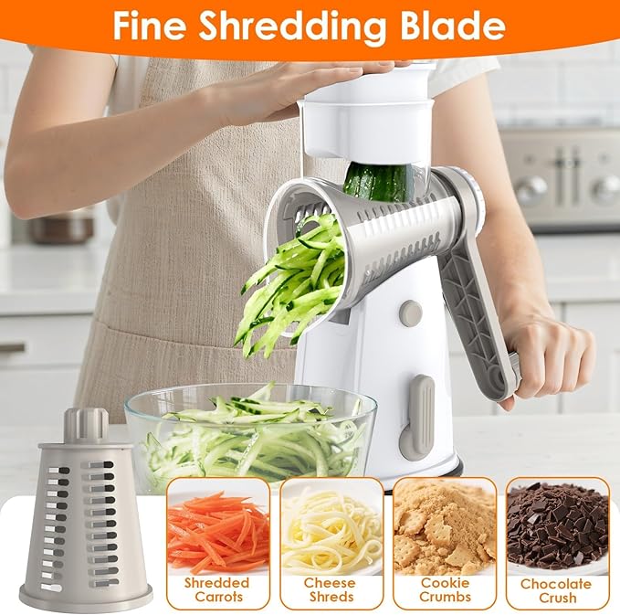 5 Blade Rotary Cheese Grater and Vegetable Chopper with Storage Box and Hand Crank, Compact Shredder for Cheeses, Veggies, Nuts - Easy to Use, Non-slip Suction Base,White