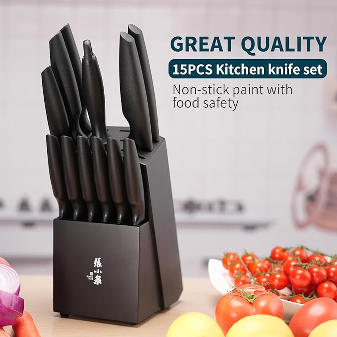 Zhang Xiao Quan Since 1628 15-Piece Kitchen Knife Block Set with Sharpening Steel Knive Set Ergonomic Handle (Black)