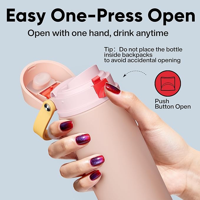 Insulated Water Bottle with Straw - Encool Stainless Steel Water Bottle with Push Button Lid, Leak-Proof & BPA-Free, Keeps Cold for 24 Hours for Sports, Travel, Gym (24 oz, Pink Daisy-Red)