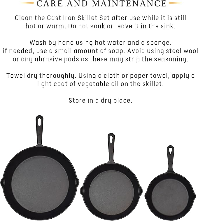 Jim Beam HEA Set of 3 Pre Seasoned Cast Iron Skillets with Even Distribution and Heat Retention-6" 8" 10", 10'', Black,JB0195