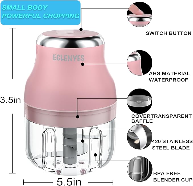 Vegetable Chopper, Electric Garlic Chopper, 250ML USB Rechargeable Mini Blender, Powerful Small Food Processor, Blender to Vegetable, Wireless Food Cutter for Ginger, Chili, Fruit, Meat, etc（Pink）
