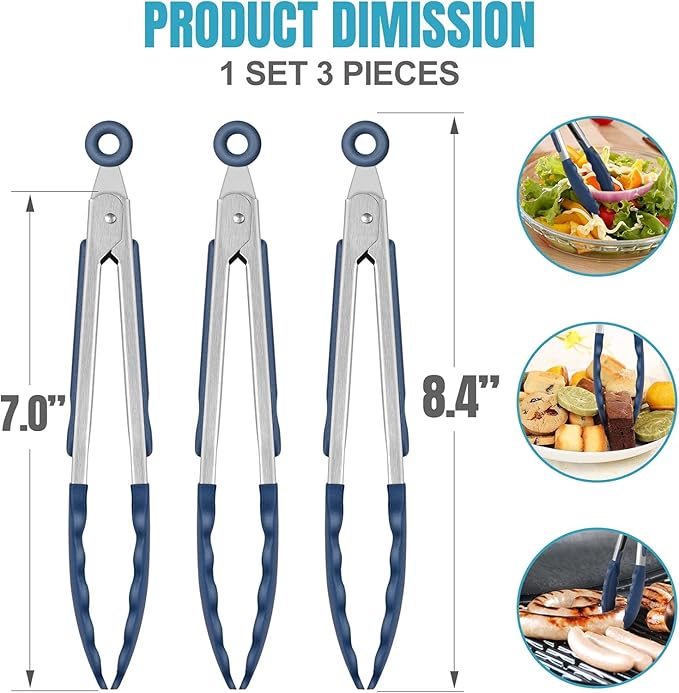 Hotec Mini Silicone Kitchen Tongs for Cooking - 7-Inch Small Serving Tongs with Silicone Tips, Set of 3 (Classic Blue)