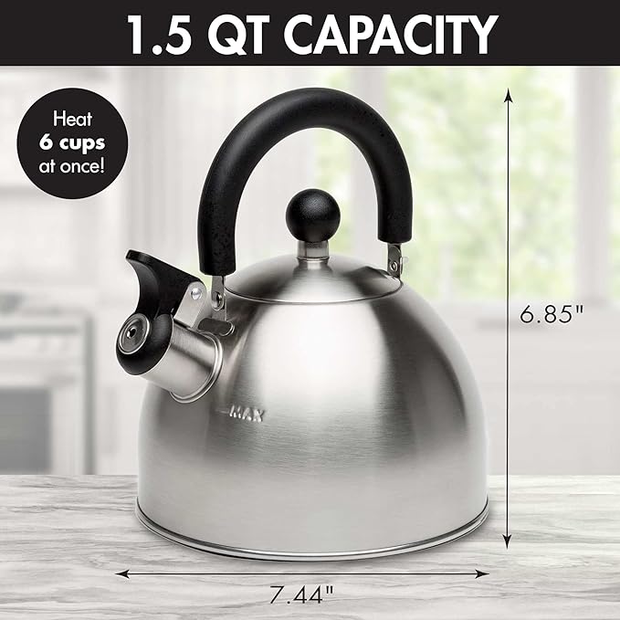 Primula Stewart Whistling Stovetop Tea Kettle Food Grade Stainless Steel, Hot Water Fast to Boil, Cool Touch Folding, 1.5-Quart, Brushed with Black Handle