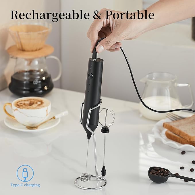Rechargeable Milk Frother Set by ELMWAY, Electric Drink Blender with Wand and Egg Whisk, Foam Maker Mixer, Milk Frother Handled for Coffee, Latte, Matcha, Protein Powder (Black with Stand)