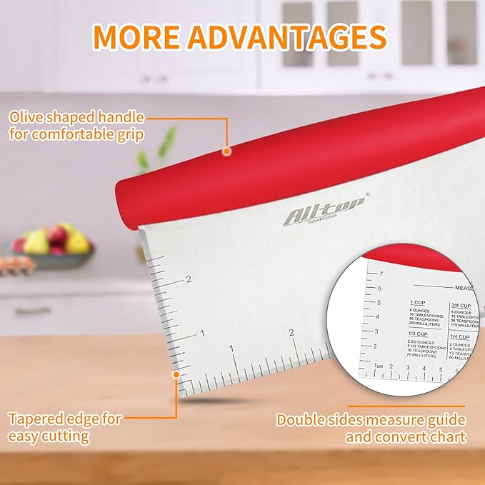 ALLTOP Bench Scraper & Chopper for Kitchen - Ideal Baking Essential Utensil,Stainless Steel Pastry/Dough/Food Cutter Tool for Cake Pizza Bread,Cooking - 1 Pack,Red