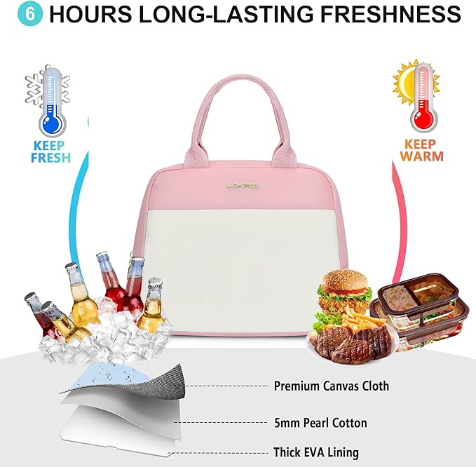LOKASS Lunch Bag for Women-Insulated Adults Lunch Box with Front Pocket- Small Cute Lunch Tote for Work-Reusable Cooler Bag for Office Picnic Beach or Travel (Pink