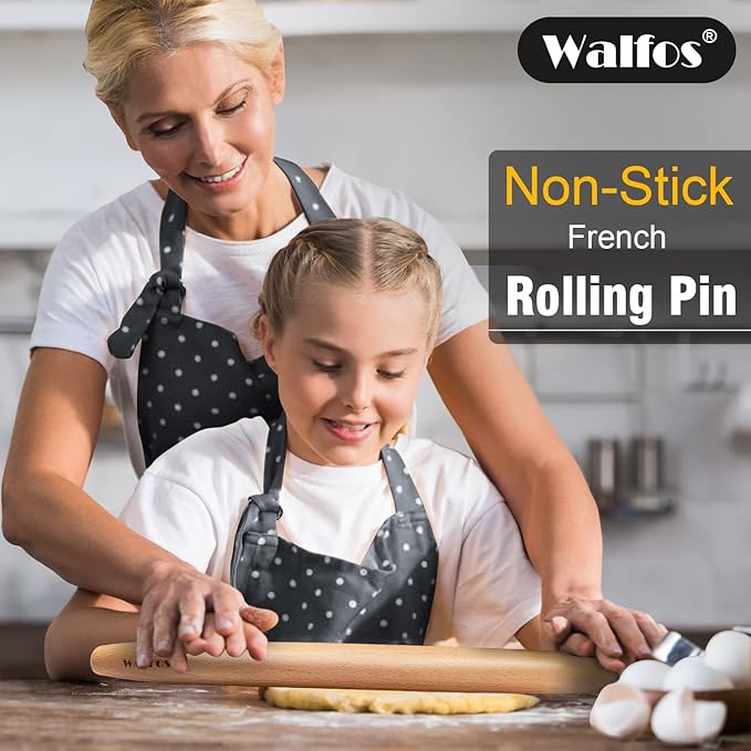 Walfos French Rolling Pin Set - Natural Wooden Rolling Pins (8inch, 15.7inch) With Non-stick Silicone Fiber Pastry Mat, Baking Dough Roller for Pizza, Pie, Pasta, Bread, Pastry
