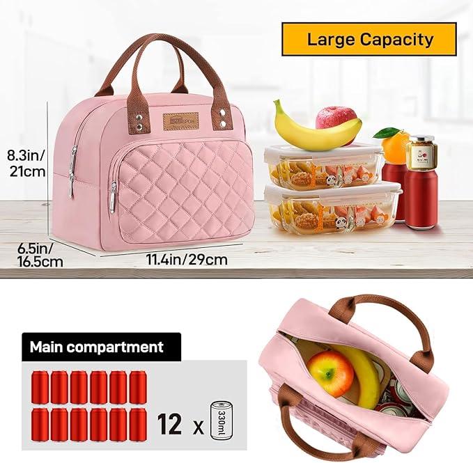 HOMESPON Lunch Bag for Woman Man Adults with Front Pocket Insulated Lunch Tote Lunch Box Container for Work Picnic or Travel(Pink)