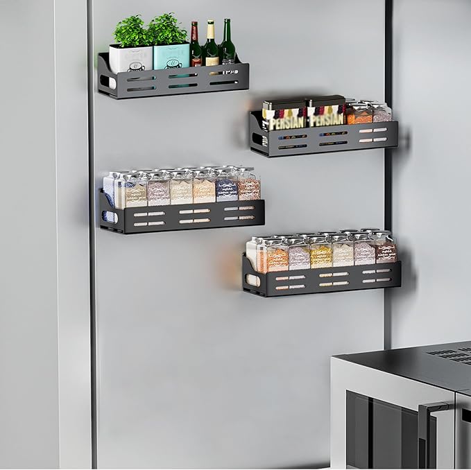 Carwiner 4 Pack Magnetic Spice Rack for Refrigerator, Magnetic Refrigerator Organizer, Strong Magnetic Fridge Shelf, Rustproof Side Fridge Storage Rack for Kitchen,Black (CW-CTTLJ-4P)