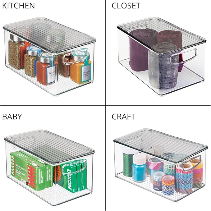 mDesign Plastic Deep Storage Bin Box Container with Lid and Built-In Handles - Organization for Fruit, Snacks, or Food in Kitchen Pantry, Cabinet, Cupboard, Ligne Collection, 2 Pack, Clear/Smoke Gray