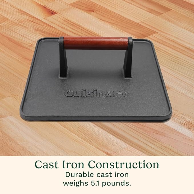 Cuisinart XL Cast Iron Grill Press, 10" x 10" Heavy-Duty Nonstick Smash Burger Steak Press with Wooden Handle, Perfect Grill Accessory Ideal for Grilling, Paninis, and BBQs