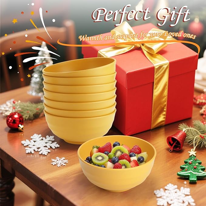 Homienly Sunshine Yellow Bowl Set of 8, 60 Oz Large Wheat Straw Bowls, Unbreakable Big Salad & Soup Bowls, Microwave Safe for Easter, Picnic, Kids Party & Family Meals