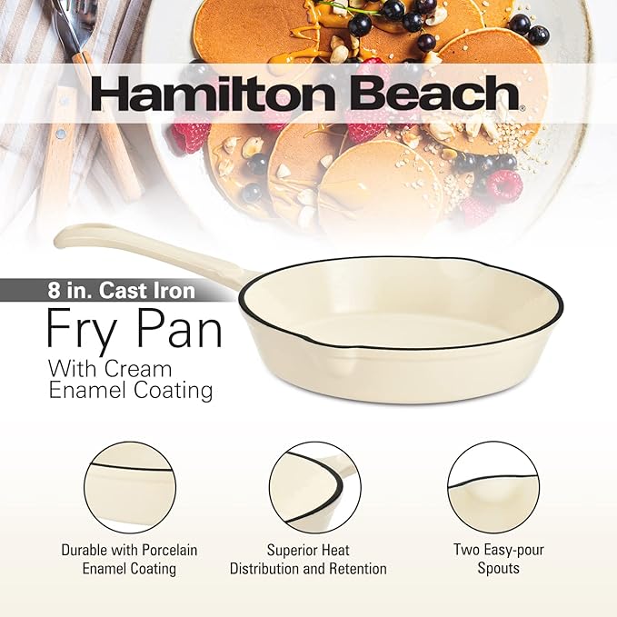 Hamilton Beach Enameled Cast Iron Fry Pan 8-Inch Cream, Cream Enamel Coating, Skillet Pan for Stove Top and Oven