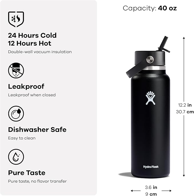 Hydro Flask Water Bottle - Insulated Stainless Steel - Wide Mouth Flex Straw Lid, Non Spill, Leakproof and Refillable in 40 Oz Tonal Birch