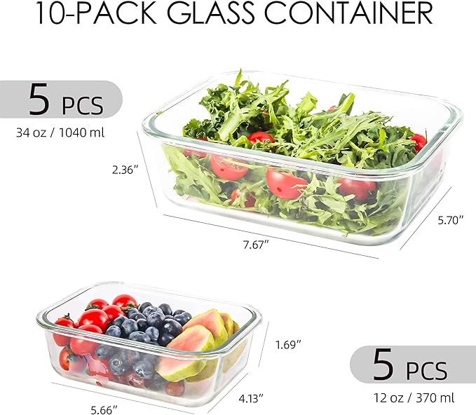 10 Pack Glass Food Storage Containers, Glass Meal Prep Containers with Lids Leak Proof, Clear Glass Bento Boxes for Adults, Microwave & Freezer Safe (34oz & 12oz)