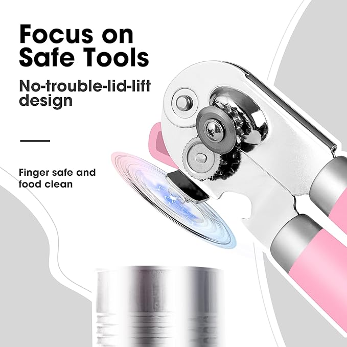Beneno Heavy Duty Hand Can Opener Manual with Magnet, Durable Sharp Carbon Steel Blade Smooth Cutting, Big Effort-Saving Knob & Soft Grip Handle, Multifunctional Kitchen Tool with Bottle Opener, Pink