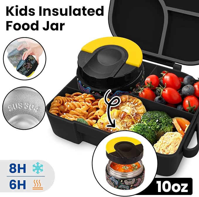 TinyPalsa Bento Box for Kids with 10oz Thermos, Durable Lunch Box with Leak Proof Insulated Food Jar, 3 Compartments with Portable Handle for Ages 3+, Dishwasher Safe, Ideal for School, Travel (Game)