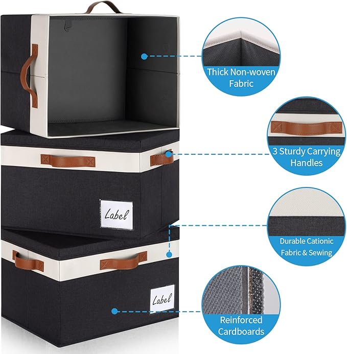 GhvyenntteS Large Storage Bins with Lids (3 Pack), Storage Baskets with Lid and Label Window, Foldable Fabric Storage Boxes with 3 Handles for Home Office College Dorms (Black, 15" x 11" x 9.7")
