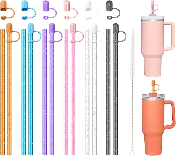 12 Color Replacement Straws with Cover Caps for Stanley Cup 40 oz 30 oz 20 oz 14 oz 64 oz Tumbler, Reusable Drinking Straws with Topper, Stopper, Cleaning Brush for Stanley Cup Accessorie