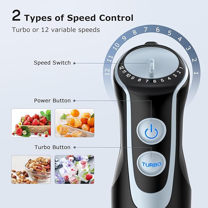 FRESKO Immersion Handheld Blender 500W with 700ml Beaker, 12-Speed & Turbo Mode Hand Blender Stick, 304 Stainless Steel Blades for Soup, Smoothie, Puree, Baby Food