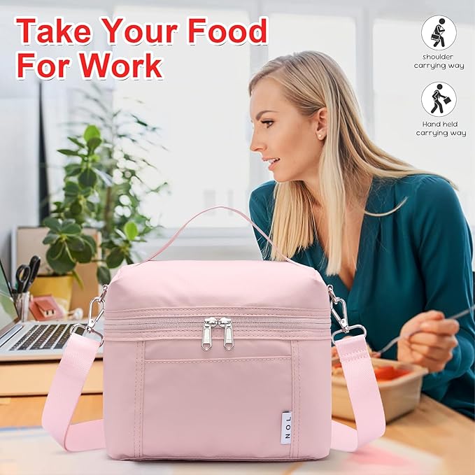 NOL Natural Organic Lifestyle Insulated Lunch Bags for Women Cooler Bag Lightweight Nylon Waterproof Lunch Box For Work (Medium, Pink)