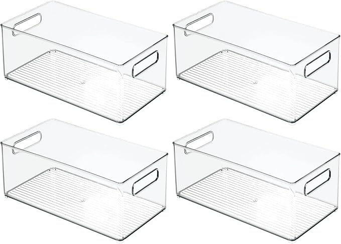mDesign Deep Plastic Kitchen Storage Organizer Container Bin for Pantry, Cabinet, Cupboard, Shelves, Fridge, or Freezer - Holds Dry Goods, Sauces, Condiments, Drinks, Ligne Collection, 4 Pack, Clear