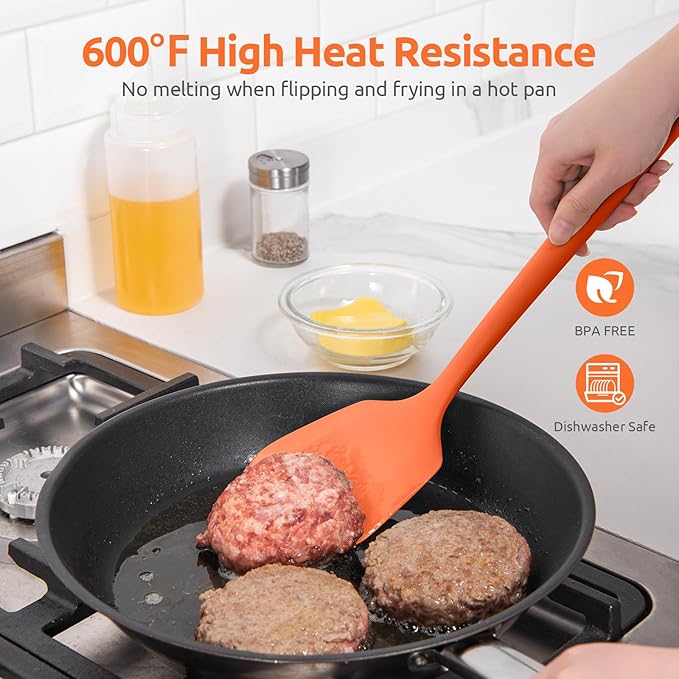 600ºF Heat Resistant Silicone Turner: U-Taste 13.6in Solid Kitchen Spatula Flipper, Food Grade Flexible & Thin Rubber Seamless Cooking Utensil for Flipping Egg, Pancake in Nonstick Cookware (Orange)