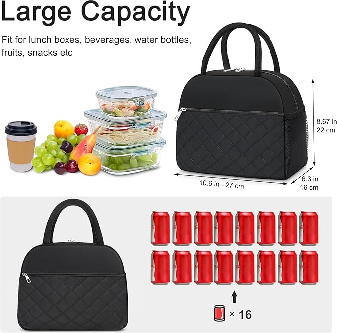 Lunch Bag Lunch Box for Women Men Insulated Reusable Large Lunch Tote Bag Adult Leakproof Simple Cooler Bag for Office Work Picnic Beach or Travel, Black