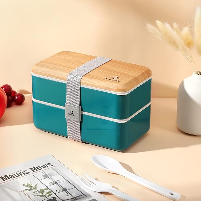 Sinnsally Bento Box Adult Lunch Box,Stackable Japanese Bento Lunch Box Containers for Women/Men with Compartments(47oz),Lunch Containers with Utensil Set,Leak-Proof Lunchbox,Rectangle(Nordic Green)