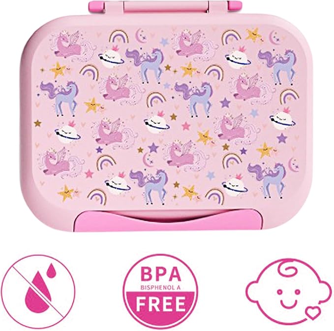 Prints Leak-Proof XL Lunch Box - Reusable 3-Compartment Containers Bento Box for meal Prepping;5-Cup Capacity for Adults & Ages 8+, BPA-Free, Dishwasher Safe (Pink - Rainbow Unicorns)